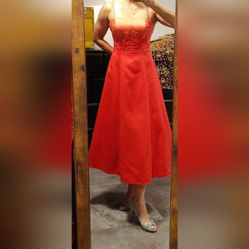 Ombre pink and tangerine floral embroidered ballerina length princess gown